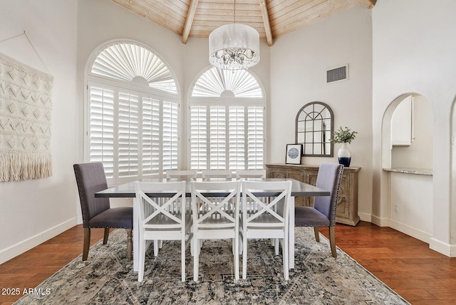 10205 E Corrine Dr, Scottsdale, AZ 85260 - dining area featuring wooden ceiling with exposed beams, high vaulted ceiling, wood finished floors, and baseboards