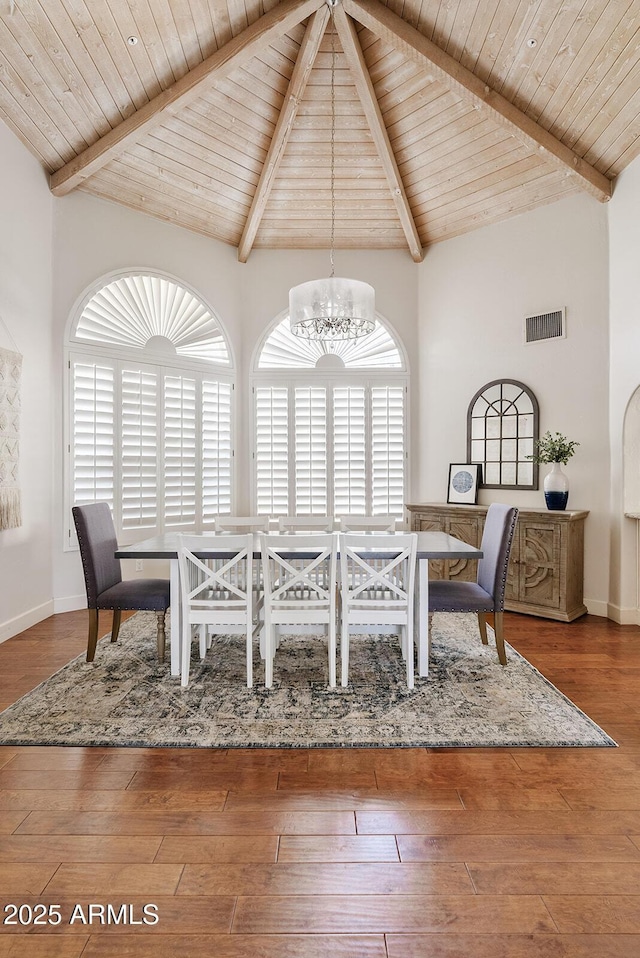 10205 E Corrine Dr, Scottsdale, AZ 85260 - dining room featuring a chandelier, wooden ceiling with exposed beams, wood finished floors, a high ceiling, and baseboards
