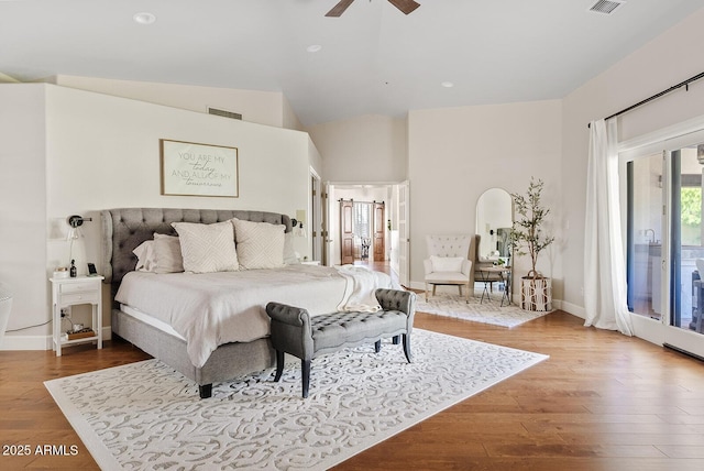 10205 E Corrine Dr, Scottsdale, AZ 85260 - bedroom with access to outside, wood finished floors, vaulted ceiling, a ceiling fan, and baseboards