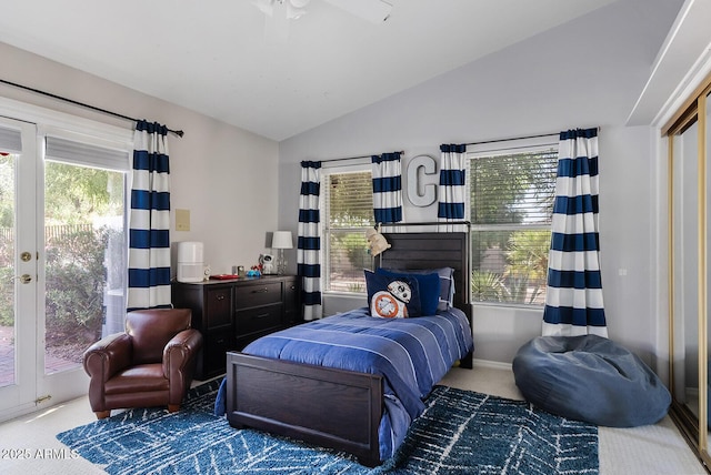 10205 E Corrine Dr, Scottsdale, AZ 85260 - carpeted bedroom with vaulted ceiling, baseboards, and access to outside