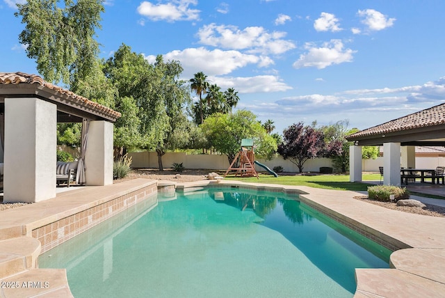 10205 E Corrine Dr, Scottsdale, AZ 85260 - view of swimming pool with a gazebo, a patio area, a fenced backyard, and a playground