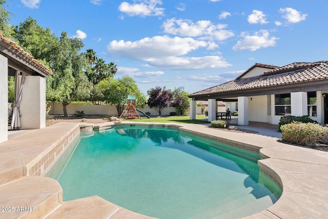 10205 E Corrine Dr, Scottsdale, AZ 85260 - view of swimming pool featuring a patio and a playground