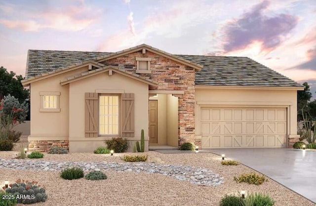 11002 N 164th Dr, Surprise, AZ 85388 - view of front facade featuring stone siding, an attached garage, concrete driveway, and stucco siding