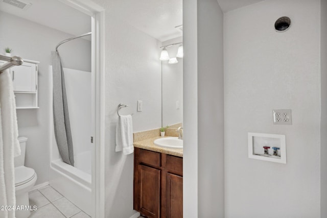 full bathroom with toilet, tile patterned flooring, vanity, and shower / tub combo with curtain