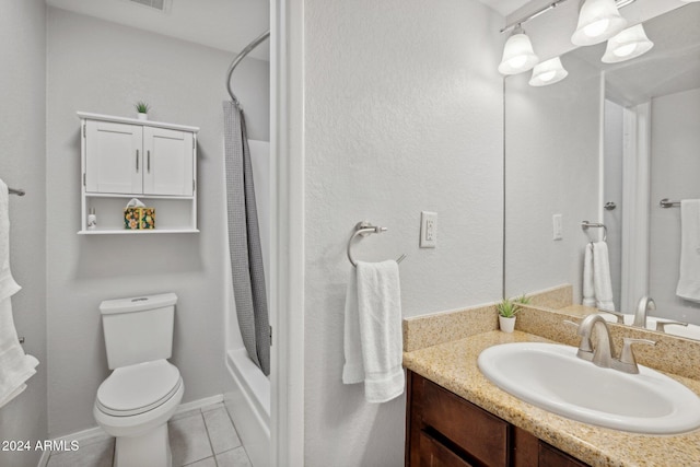 full bathroom with toilet, shower / bath combo, vanity, and tile patterned floors