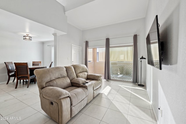 tiled living room featuring crown molding