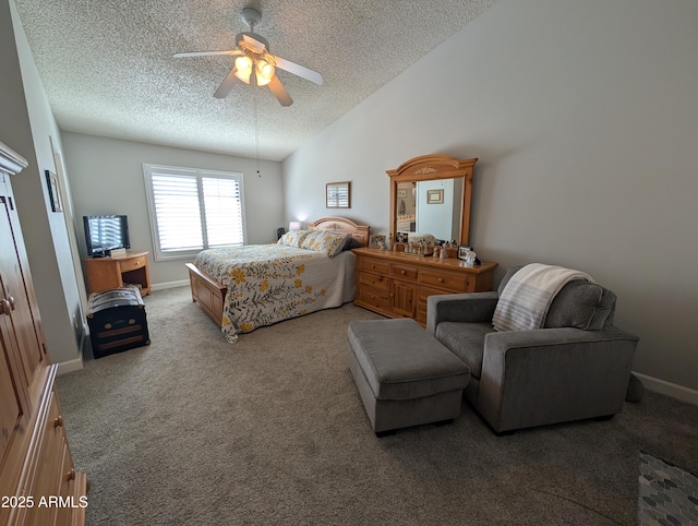 carpeted bedroom with ceiling fan, a textured ceiling, baseboards, and vaulted ceiling