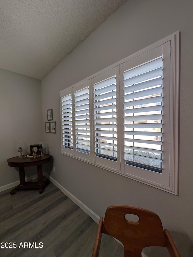 sitting room with vaulted ceiling, wood finished floors, a wealth of natural light, and a textured ceiling