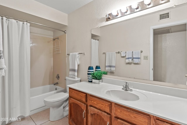 bathroom featuring tile patterned floors, visible vents, toilet, shower / tub combo, and vanity