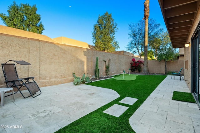 view of yard featuring a fenced backyard and a patio