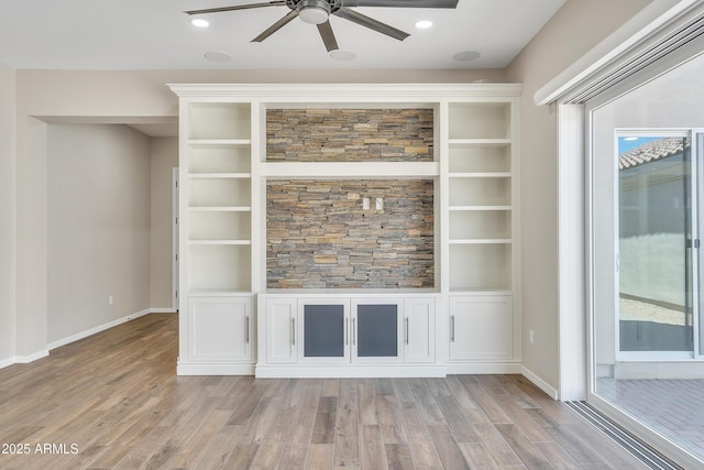 unfurnished living room featuring recessed lighting, baseboards, ceiling fan, and light wood finished floors