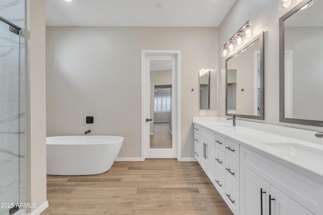 full bathroom featuring double vanity, wood finished floors, a freestanding tub, and a sink