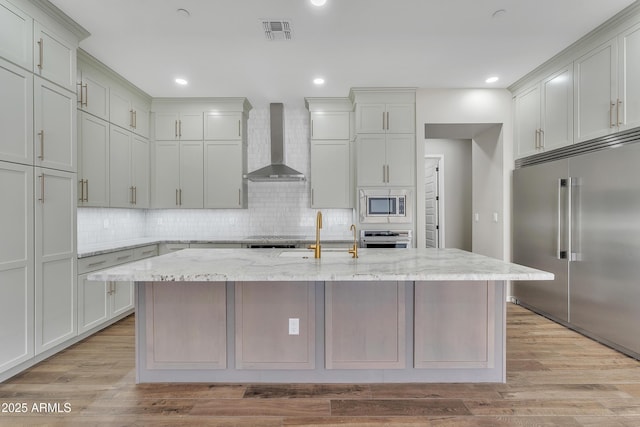 kitchen with light wood finished floors, tasteful backsplash, visible vents, built in appliances, and wall chimney range hood