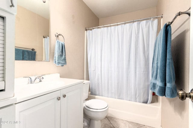 full bathroom with tile patterned flooring, vanity, toilet, and shower / bathtub combination with curtain