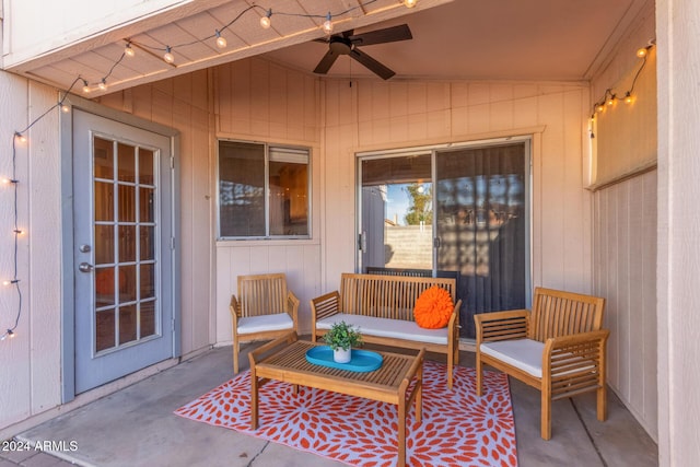 view of patio featuring an outdoor living space and ceiling fan