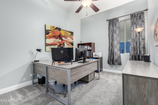 home office with carpet floors and ceiling fan