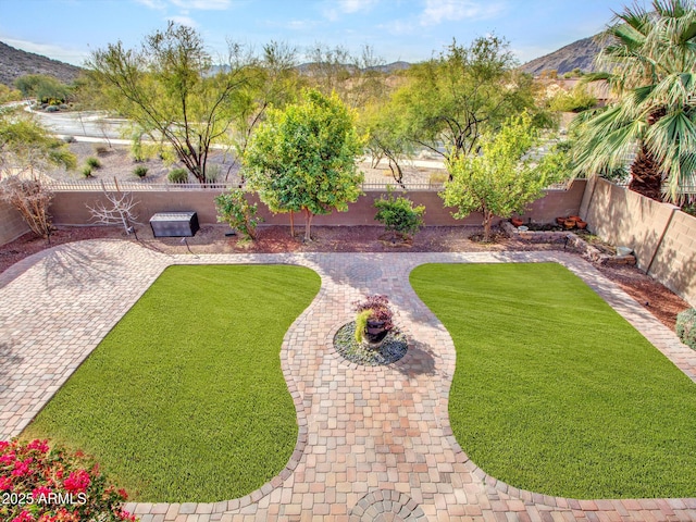 view of yard featuring a patio and a mountain view