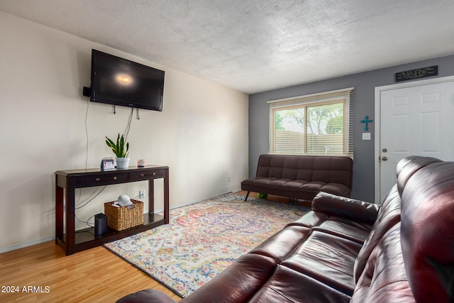 living room featuring hardwood / wood-style floors and a textured ceiling