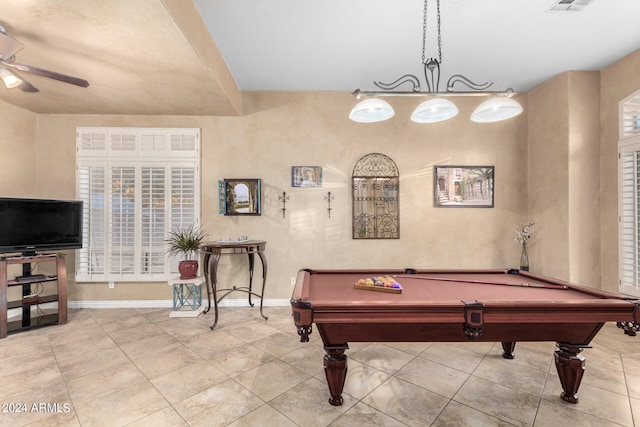 game room featuring a healthy amount of sunlight, ceiling fan, and billiards