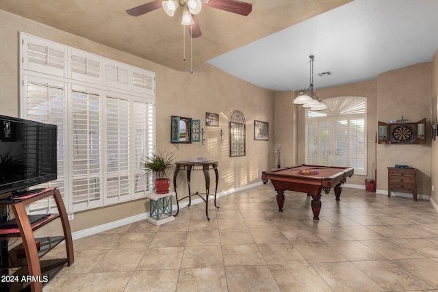 rec room featuring light tile patterned flooring, ceiling fan, and billiards