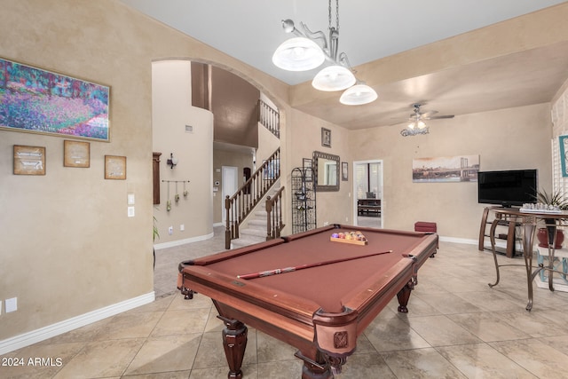 rec room with pool table, ceiling fan, and light tile patterned flooring