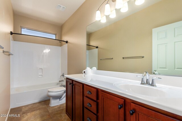 full bathroom with shower / washtub combination, visible vents, toilet, and vanity
