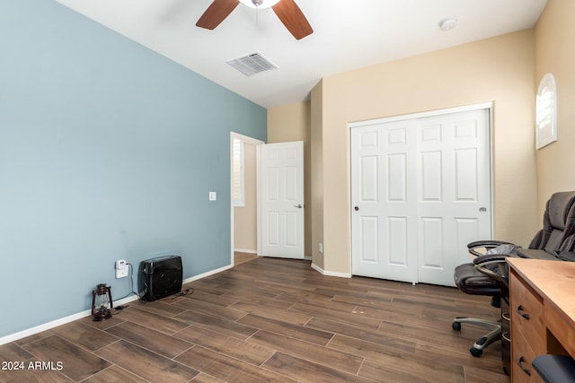 office area with ceiling fan and dark hardwood / wood-style flooring