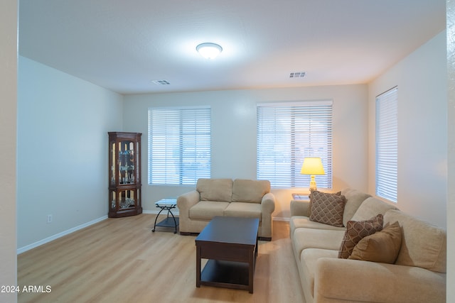 living room featuring a healthy amount of sunlight and light hardwood / wood-style flooring