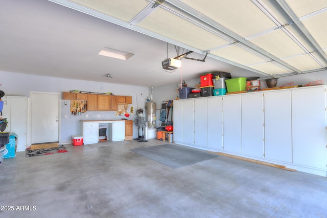 garage featuring a garage door opener and water heater