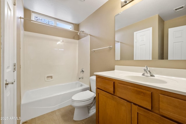 full bath featuring vanity, visible vents, shower / bathing tub combination, tile patterned floors, and toilet