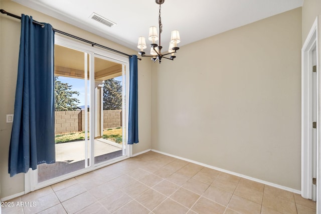 spare room with a notable chandelier, visible vents, baseboards, and light tile patterned floors