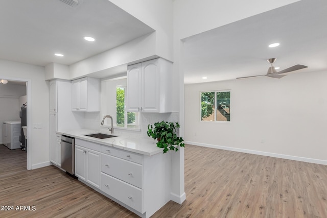 kitchen with ceiling fan, dishwasher, light hardwood / wood-style floors, sink, and white cabinetry