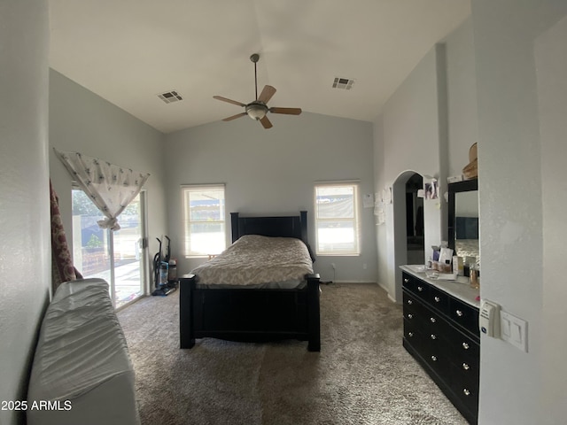 10006 N 7th Pl, Phoenix, AZ 85020 - bedroom featuring light carpet, arched walkways, access to outside, ceiling fan, and high vaulted ceiling