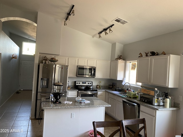 10006 N 7th Pl, Phoenix, AZ 85020 - kitchen with stainless steel appliances, a sink, track lighting, tile patterned flooring, and healthy amount of natural light