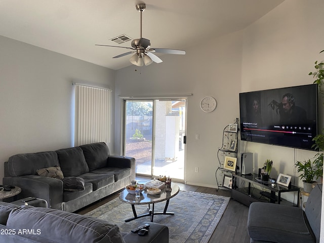 10006 N 7th Pl, Phoenix, AZ 85020 - living room with a ceiling fan, wood finished floors, baseboards, and high vaulted ceiling