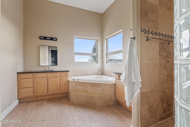 bathroom with vanity, hardwood / wood-style floors, and separate shower and tub