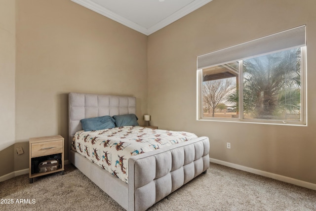 bedroom with crown molding and carpet floors