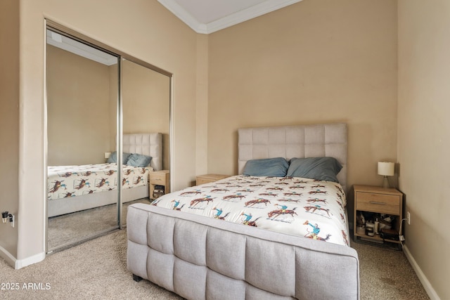 bedroom with ornamental molding, light colored carpet, and a closet