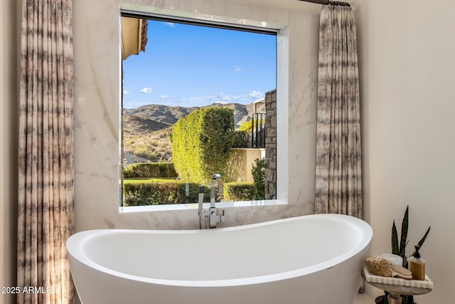 bathroom featuring a mountain view, sink, and a washtub