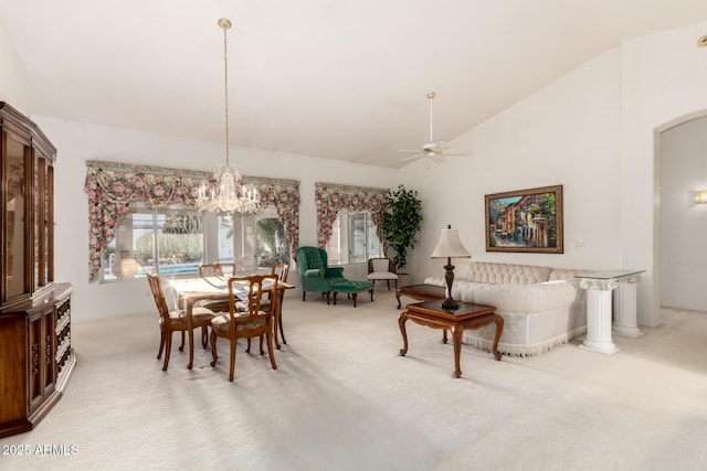 462 N Bedford Ct, Chandler, AZ 85225 - dining space with light colored carpet, a ceiling fan, a chandelier, and high vaulted ceiling