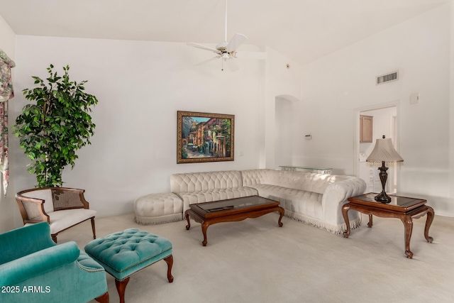 462 N Bedford Ct, Chandler, AZ 85225 - living room with carpet floors, ceiling fan, high vaulted ceiling, and arched walkways