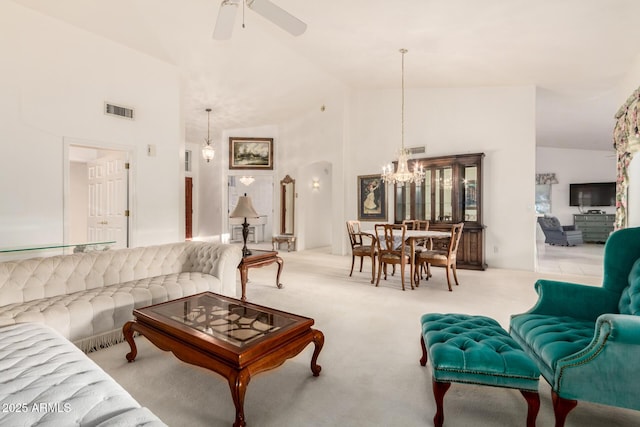 462 N Bedford Ct, Chandler, AZ 85225 - living area with high vaulted ceiling, a chandelier, carpet floors, and ceiling fan