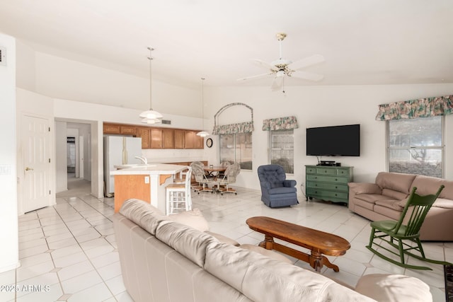 462 N Bedford Ct, Chandler, AZ 85225 - living area with a ceiling fan, light tile patterned flooring, and high vaulted ceiling