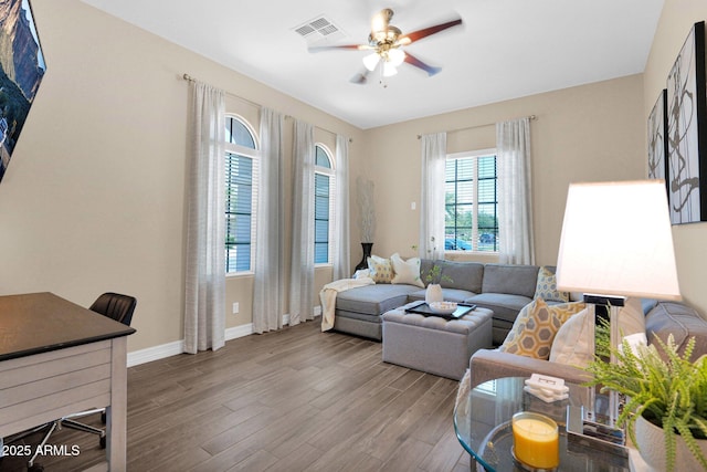 20151 E Via Del Palo St, Queen Creek, AZ 85142 - living room with wood finished floors and a ceiling fan