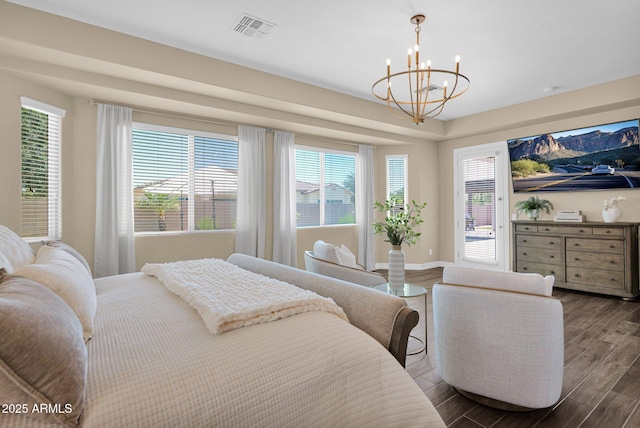20151 E Via Del Palo St, Queen Creek, AZ 85142 - bedroom featuring a chandelier, dark wood-style floors, and multiple windows