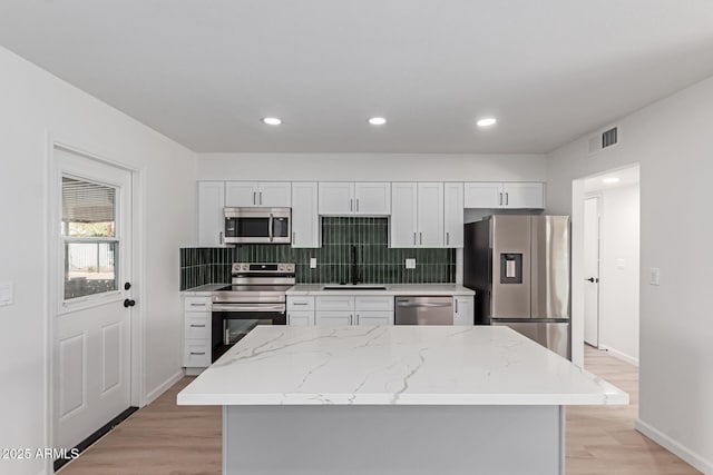 kitchen featuring light stone counters, backsplash, appliances with stainless steel finishes, white cabinetry, and a sink