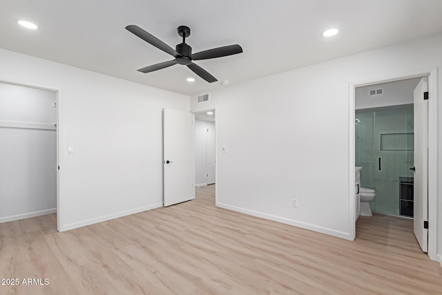 unfurnished bedroom with light wood finished floors, baseboards, visible vents, and recessed lighting