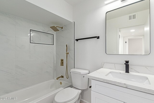 bathroom with toilet, shower / tub combination, vanity, and visible vents