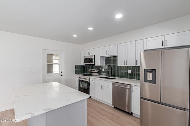 kitchen featuring white cabinets, a kitchen island, a sink, stainless steel appliances, and backsplash