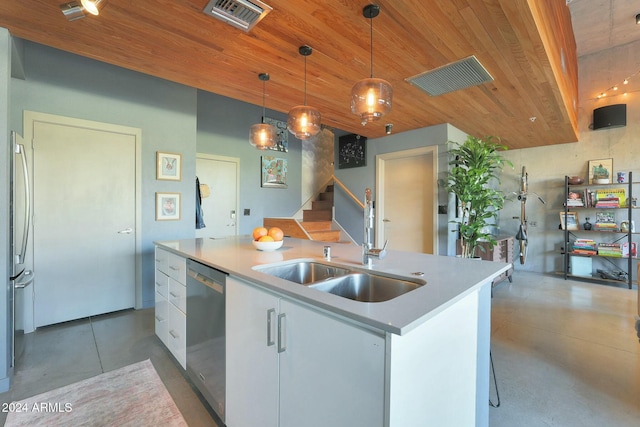 kitchen with white cabinets, a center island with sink, wooden ceiling, and hanging light fixtures